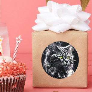 Zwart, Zilver & Koele Elegantie - Mystic Feline Ronde Sticker