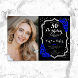 Zwart Zilver Koninklijk Blauw Foto 50e Verjaardag Kaart<br><div class="desc">Elegante bloemenuitnodiging voor de 50e verjaardag met uw foto. Glam zwart koningsblauw ontwerp met faux glitter zilver. Beschikt over saffier blauwe rozen, script lettertype en confetti. Perfect voor een stijlvol volwassen feestje. Personaliseer met je eigen gegevens. Kan voor om het even welke leeftijd worden aangepast! Gedrukte Zazzle-uitnodigingen of direct download...</div>