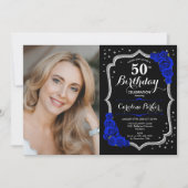Zwart Zilver Koninklijk Blauw Foto 50e Verjaardag Kaart (Voorkant)