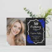 Zwart Zilver Koninklijk Blauw Foto 50e Verjaardag Kaart (Staand voorkant)