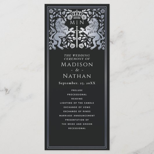 Zwart & Zilver Koninklijke Leeuw Middeleeuws Zwaar Programmakaart (Voorkant)