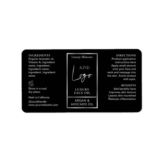 Zwart & Zilver Logo 1 OZ Oliedruppelaar Flesetiket Etiket (Voorkant)