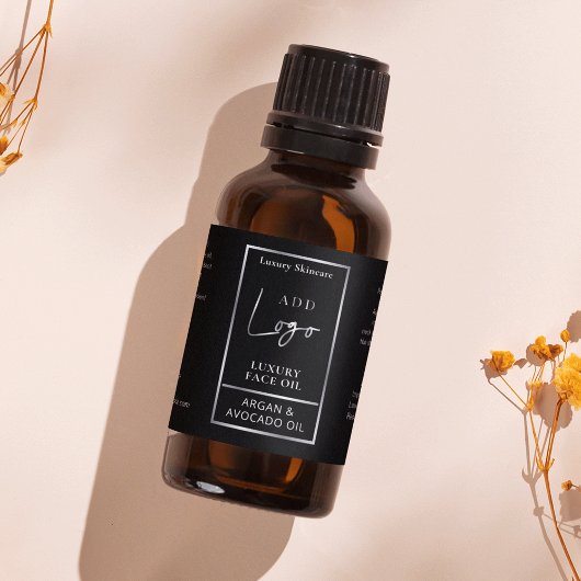 Zwart & Zilver Logo 1 OZ Oliedruppelaar Flesetiket Etiket