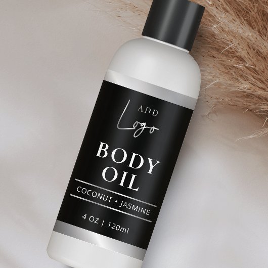 Zwart & Zilver Logo Body Oil 4 OZ Cosmetische Fles Rechthoekige Sticker