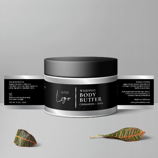 Zwart & Zilver Logo Cosmetica Pot Verpakking Etike Waterfles Etiket