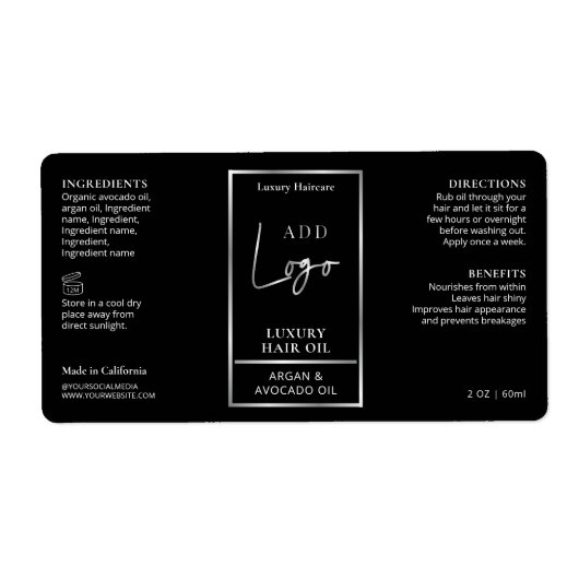 Zwart & Zilver Logo Haarolie Dropper Flesetiket Etiket (Voorkant)