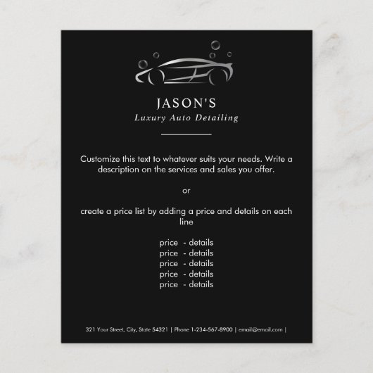 Zwart & Zilver Luxe Auto Detailing Autowasserij Flyer (Voorkant)