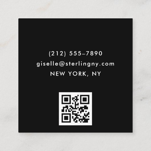 Zwart Zilver Luxe QR Code Minimale Typografie Vierkante Visitekaartje (Achterkant)