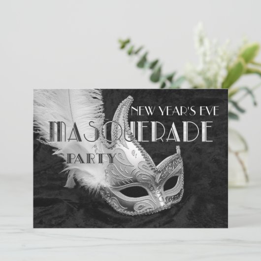 Zwart Zilver Masquerade Ball Party Uitnodiging (Staand voorkant)