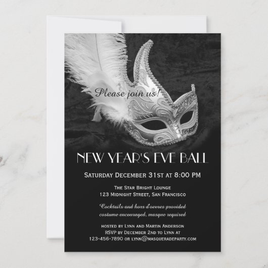 Zwart Zilver Masquerade Ball Party Uitnodiging (Achterkant)