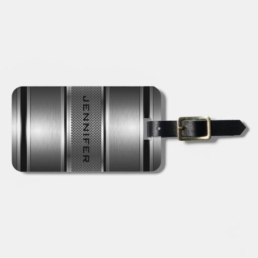 Zwart & Zilver Metallic Bloemen Damasks-Monogram 2 Bagagelabel (Voorkant horizontaal)