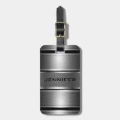 Zwart & Zilver Metallic Bloemen Damasks-Monogram 2 Bagagelabel (Voorkant verticaal)