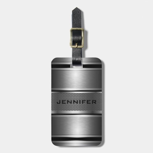 Zwart & Zilver Metallic Bloemen Damasks-Monogram 2 Bagagelabel (Voorkant verticaal)