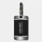 Zwart & Zilver Metallic Bloemen Damasks-Monogram 2 Bagagelabel (Achterkant verticaal)