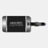 Zwart & Zilver Metallic Bloemen Damasks-Monogram 2 Bagagelabel (Achterkant horizontaal)