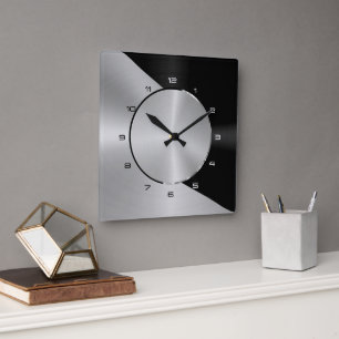 Zwart & Zilver Modern Metallic Geometrisch ontwerp Vierkante Klok