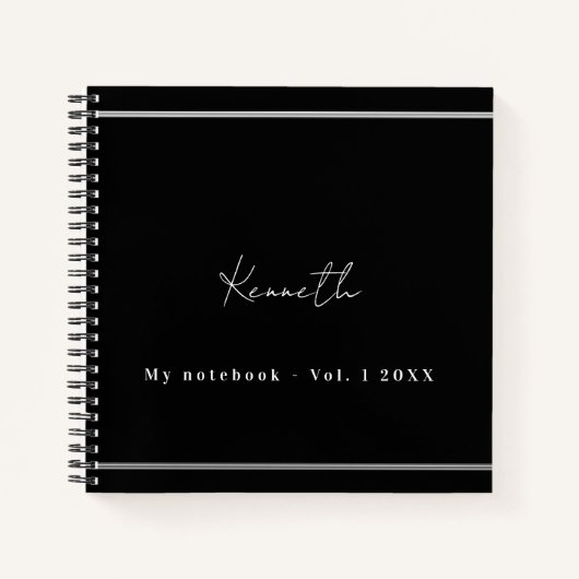Zwart zilver naam script minimalist notitieboek (Voorkant)