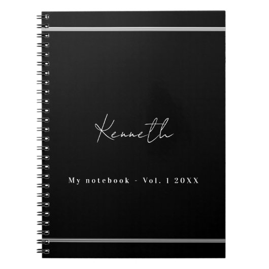 Zwart zilver naam script minimalist notitieboek (Voorkant)