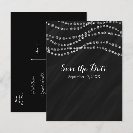 Zwart & Zilver Nep Diamant Bling Bewaar De Datum Aankondigingskaart (Voorkant / Achterkant)