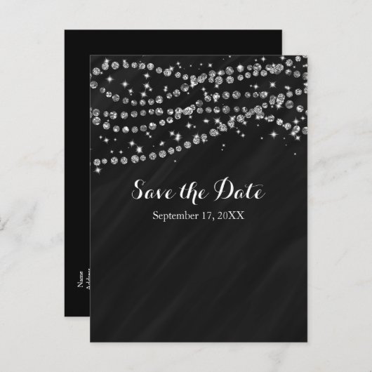 Zwart & Zilver Nep Diamant Bling Save The Date Aankondigingskaart (Voorkant / Achterkant)