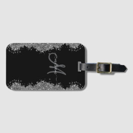 Zwart Zilver Nep Glitter Grijs Modern Monogram Bagagelabel