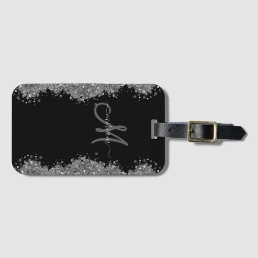 Zwart Zilver Nep Glitter Grijs Modern Monogram Bagagelabel (Voorkant (horizontaal))