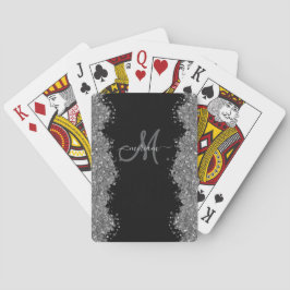 Zwart Zilver Nep Glitter Grijs Modern Monogram Pokerkaarten