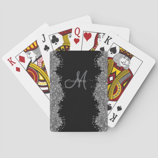 Zwart Zilver Nep Glitter Grijs Modern Monogram Pokerkaarten (Achterkant)