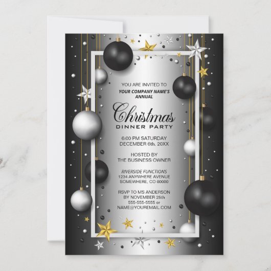 Zwart Zilver Ornament Zakelijk Kerstdiner Kaart (Voorkant)