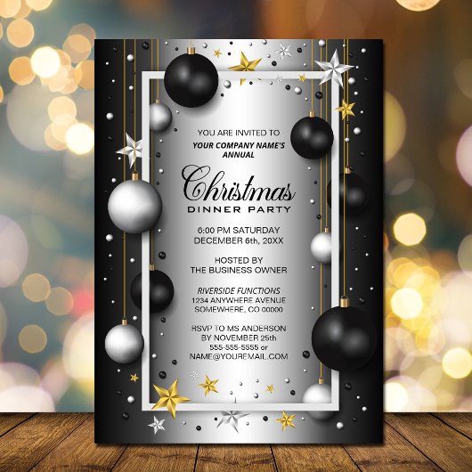 Zwart Zilver Ornament Zakelijk Kerstdiner Kaart