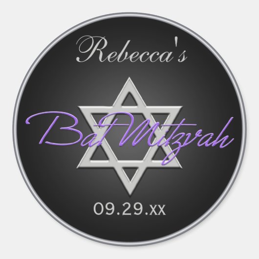 Zwart Zilver Paarse 1,5" Ronde Bat Mitzvah Sticker (Voorkant)