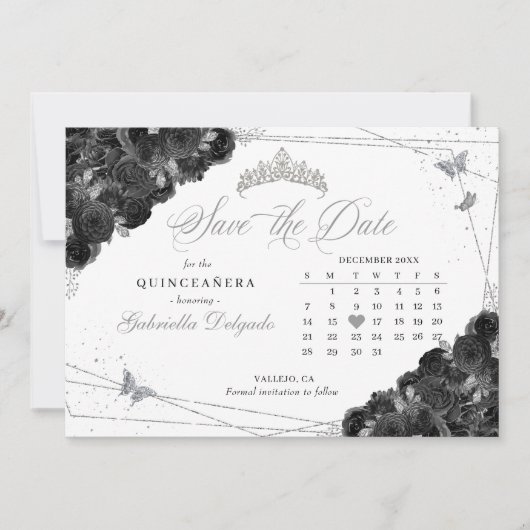 Zwart & Zilver Quinceañera Save The Date Kaart (Voorkant)