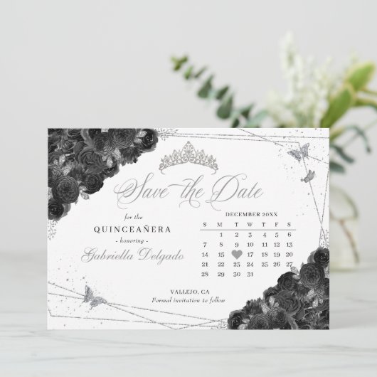 Zwart & Zilver Quinceañera Save The Date Kaart (Staand voorkant)