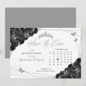 Zwart & Zilver Quinceañera Save The Date Kaart (Voorkant / Achterkant)
