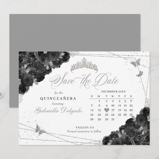 Zwart & Zilver Quinceañera Save The Date Kaart (Voorkant / Achterkant)