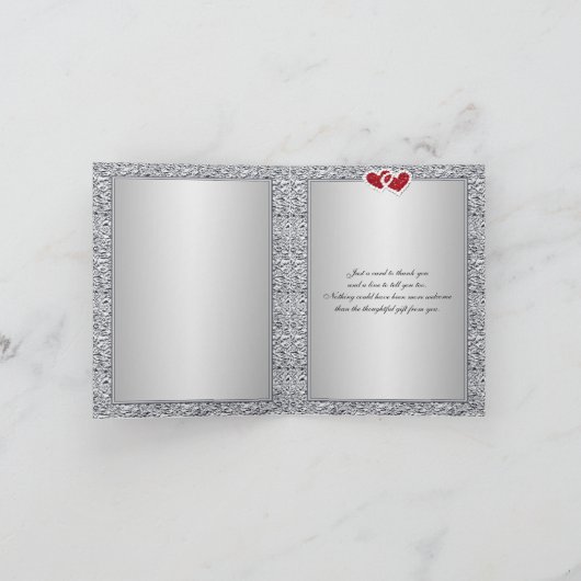 Zwart Zilver Rood Bloemen Harten FAUX Folie Dank u Bedankkaart (Binnen)