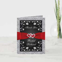 Zwart Zilver Rood Bloemhart FAUX Folie Dank je wel Bedankkaart