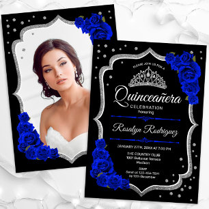 Zwart Zilver Royal Blue Foto Quinceanera Kaart