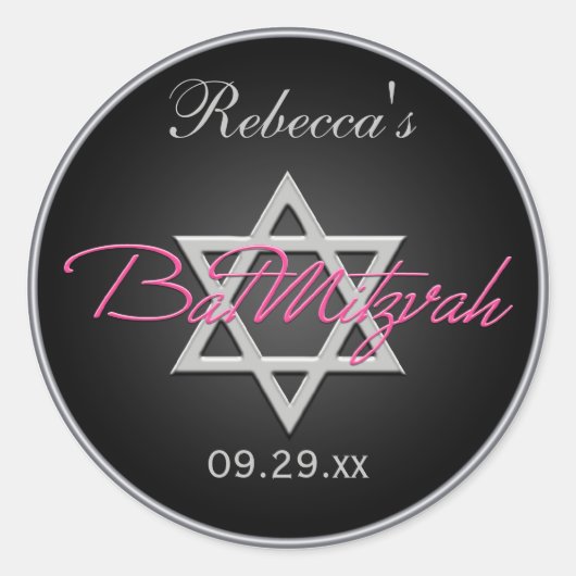 Zwart, Zilver, Roze 1,5" Ronde Bat Mitzvah Sticker (Voorkant)