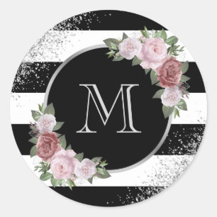 Zwart Zilver Roze Bloemen Monogram Ronde Sticker