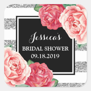 Zwart Zilver Roze Bloemen Vrijgezellenfeest Favor  Vierkante Sticker