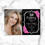 Zwart Zilver Roze Foto 50e Verjaardag Kaart<br><div class="desc">Elegante bloemenuitnodiging voor de 50e verjaardag met uw foto. Glam zwart roze design met faux glitter zilver. Beschikt over roze rozen, script lettertype en confetti. Perfect voor een stijlvol volwassen feestje. Personaliseer met je eigen gegevens. Kan voor om het even welke leeftijd worden aangepast! Gedrukte Zazzle-uitnodigingen of direct download digitale...</div>