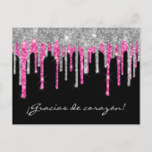 Zwart Zilver Roze Glitter Drip Quinceañera Gracias Briefkaart (Voorkant)