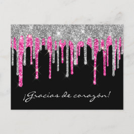 Zwart Zilver Roze Glitter Drip Quinceañera Gracias Briefkaart