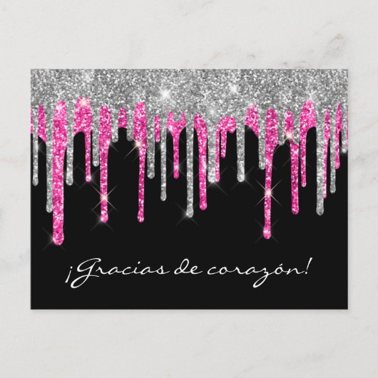Zwart Zilver Roze Glitter Drip Quinceañera Gracias Briefkaart (Voorkant)
