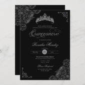 Zwart & Zilver Rozen Elegant Quinceañera Kaart (Voorkant / Achterkant)