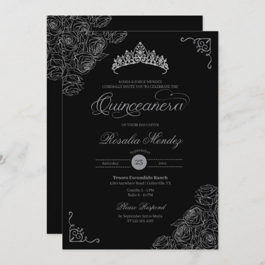 Zwart & Zilver Rozen Elegant Quinceañera Kaart (Voorkant / Achterkant)