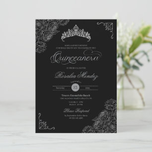 Zwart & Zilver Rozen Elegant Quinceañera Kaart