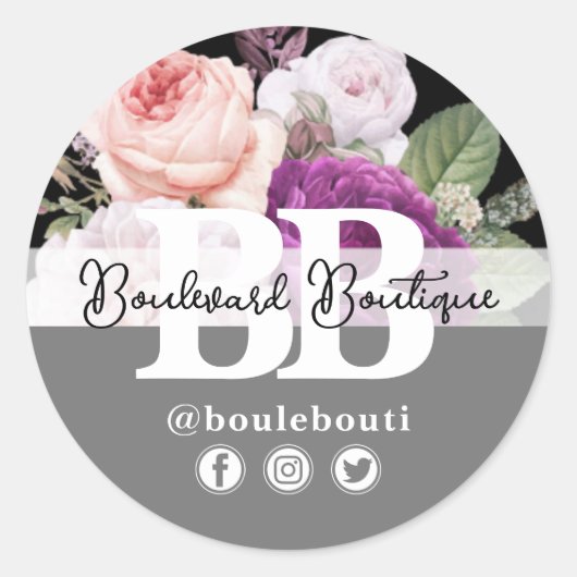 Zwart & Zilver  Rozen Floral Boutique Shop Ronde Sticker (Voorkant)