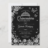 Zwart Zilver Rozen Vlinders Quinceanera Foto Kaart (Voorkant)